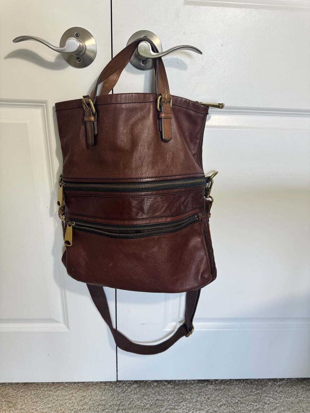 Fossil Brown Genuine Leather Convertible Backpack Crossbody Tote Bag